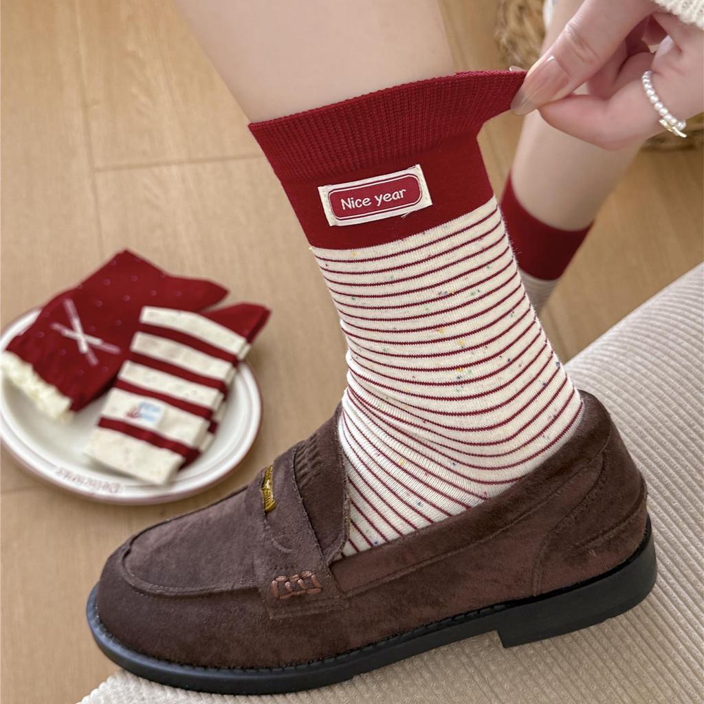 Women's Big Red Christmas Socks: Year of the Horse, Cute Polka Dot Bow, Lace Fabric, Striped Mid-Calf Design