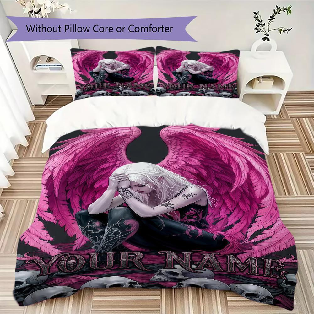 Custom Name Pink Angel Skulls Bedding,Quilt Set Quilt Cover Pillowcase Home Birthday Gift(1 * Duvet Cover + 2 * Pillowcase, Without Core)_lx
