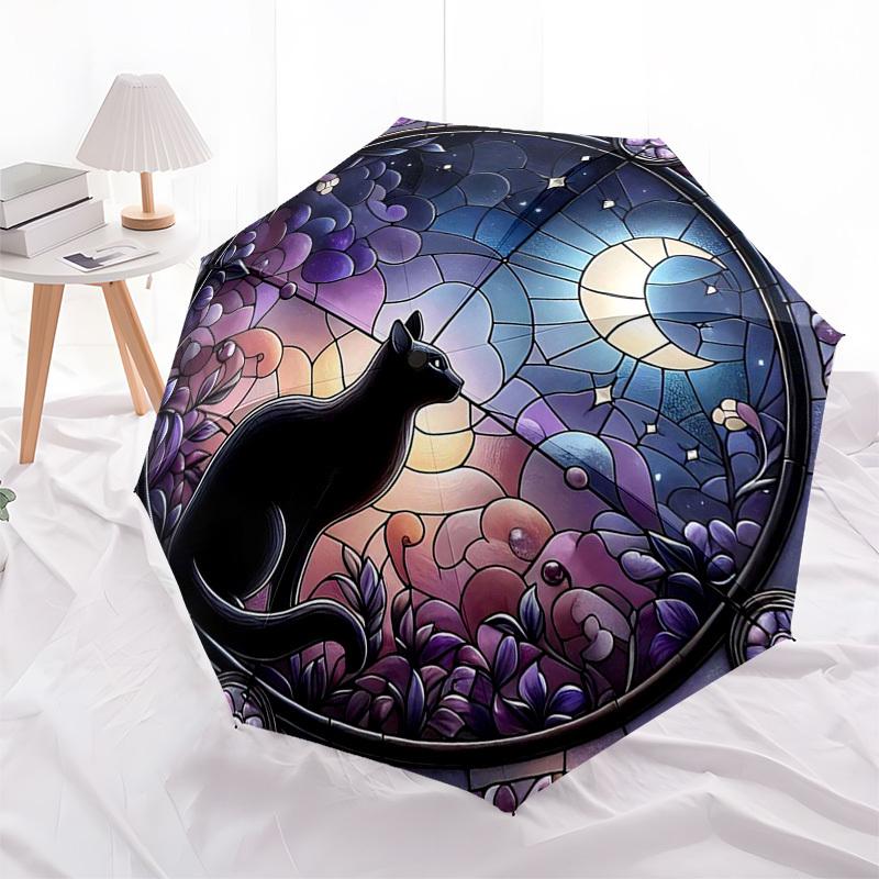 1pc Stained Glass Cat Moon Outdoor Umbrella - Automatic Opening Folding Design, 8-Bone Iron Frame, Festival Gift for Fans, Travelers, Daily Use.KK059