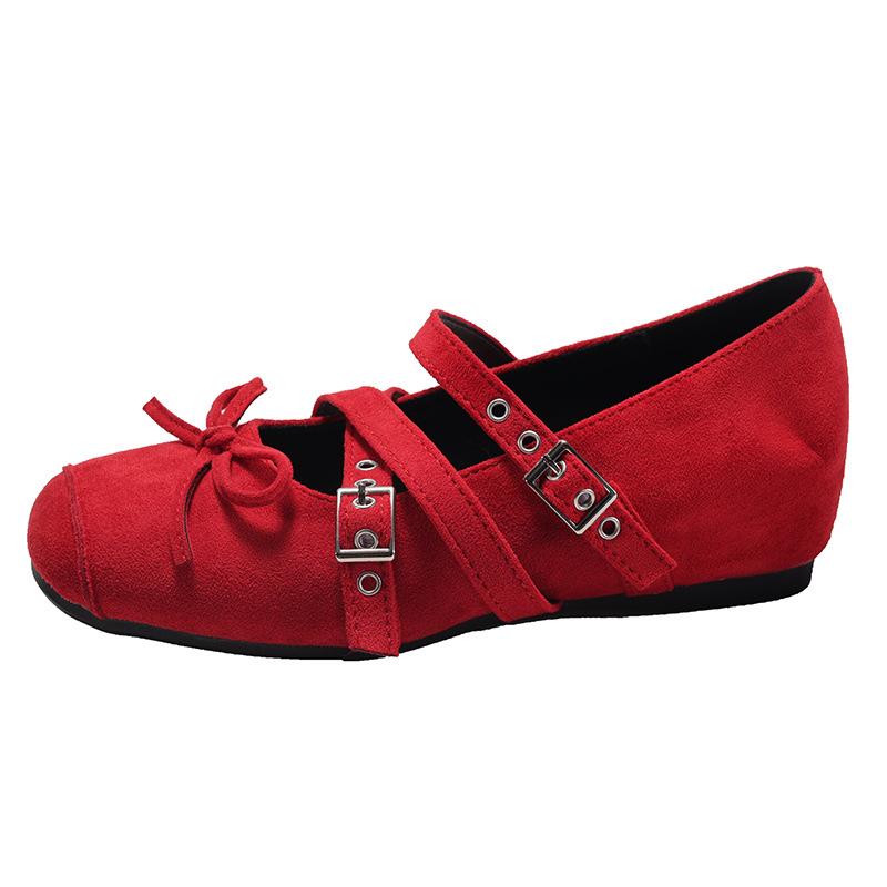Red retro versatile round head inner height increase shallow mouth flat-soled single shoes women's summer 2025 new soft-soled Mary Jane shoes