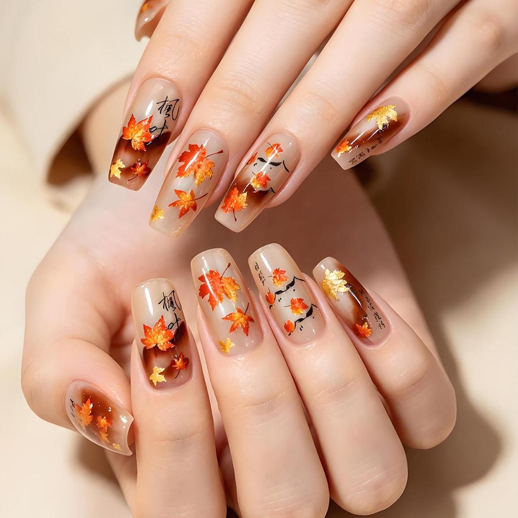 Autumn Winter Fairy Tale Maple Leaf Gold Foil Nail Art Stickers - Chinese Style Embossed Self-Adhesive Decor