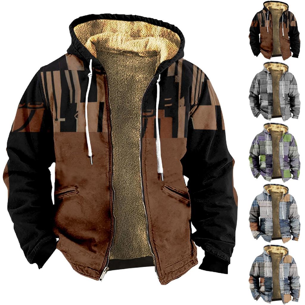 Men's Personalized Casual Printing Long Sleeve Zipper Sweater Thick Cotton Suit Winter