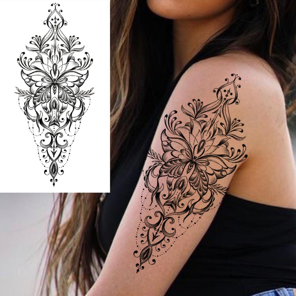 1 Sheet Black Henna Mandala Fake Jewels Temporary Sleeve Tattoos For Women Girls Forearm Waist Chest Back Tattoo Sticker Decal
