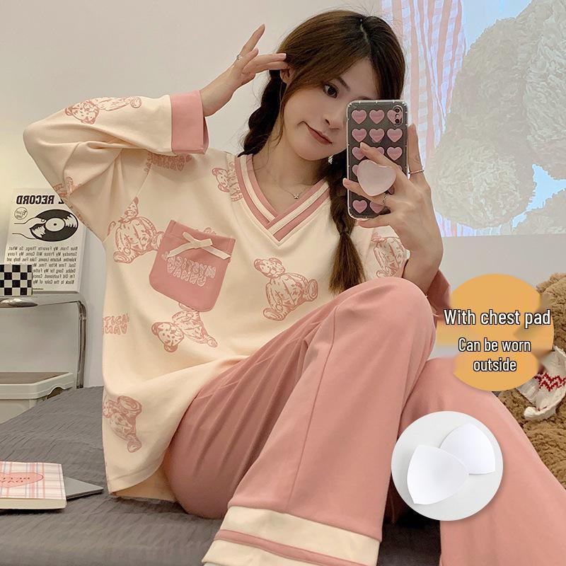 2025 Women's Long Sleeve Cotton Pajamas with Cartoon Design & Breast Pads - Versatile for Home or Outdoor Wear In Spring, Autumn, and Winter.