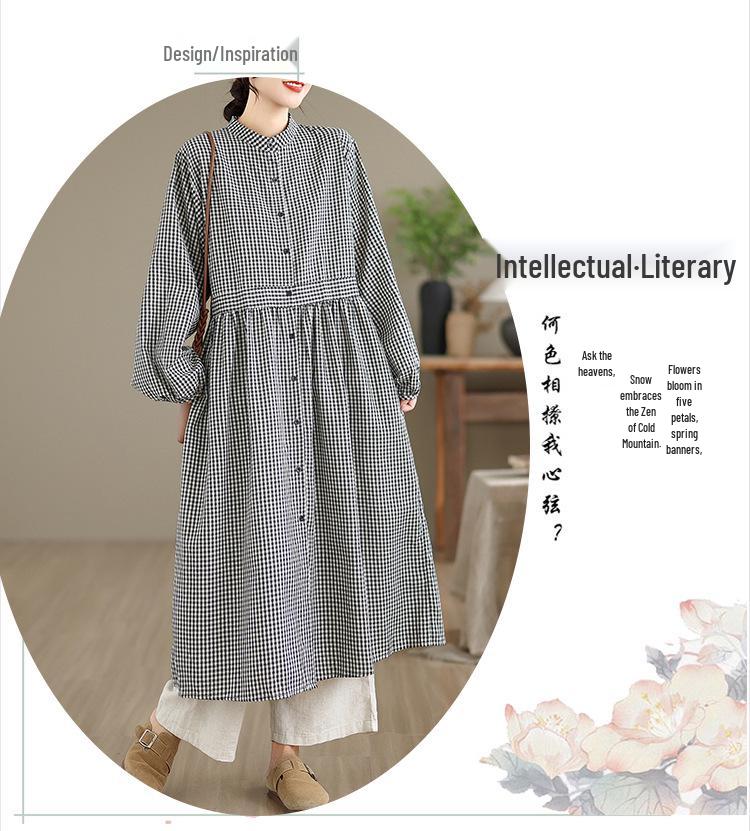 Spring Plaid Linen Dress: Women's Retro Long Sleeve Design Skirt