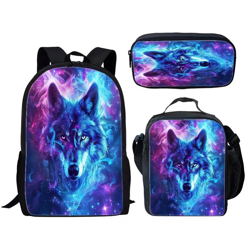 Animal Wolf Three Piece Set for Children and Elementary School Students, Large Capacity Backpack, Meal Pack, Pen Bag