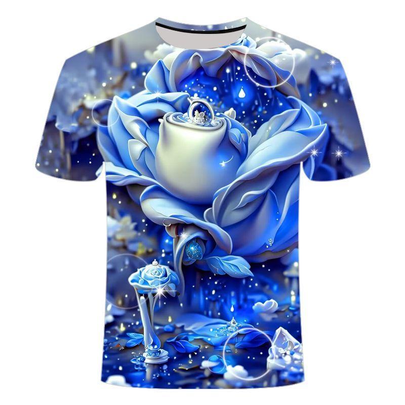 Blaue Rosenlandschaft 3D-bedrucktes, kurzärmeliges, modisches, lässiges T-Shirt für Männer und Frauen