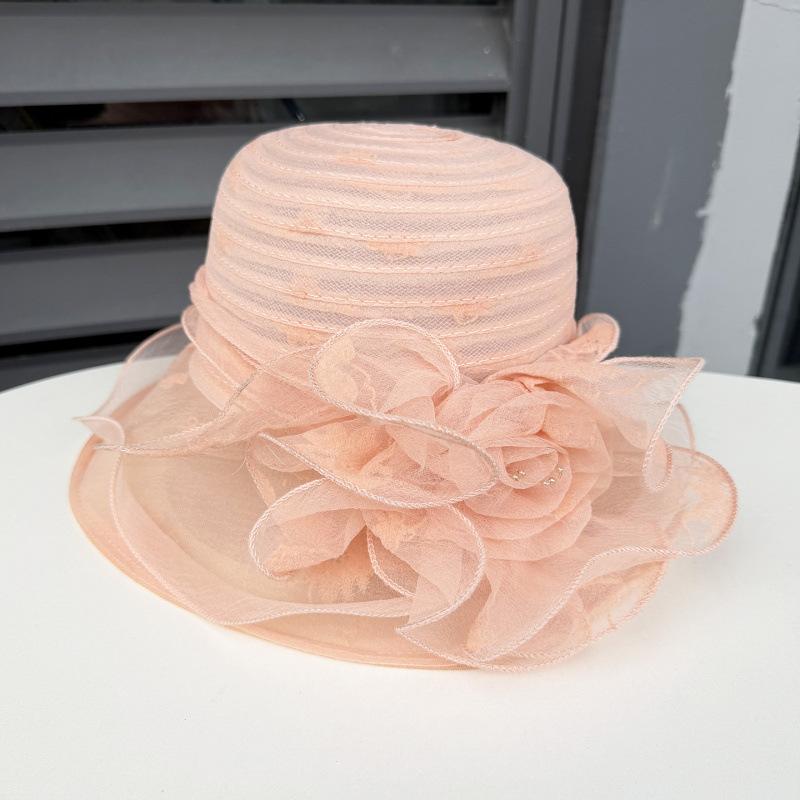 Hat women's summer big edge mesh yarn hat British retro organza flower sun hat outdoor sun protection beach sun hat