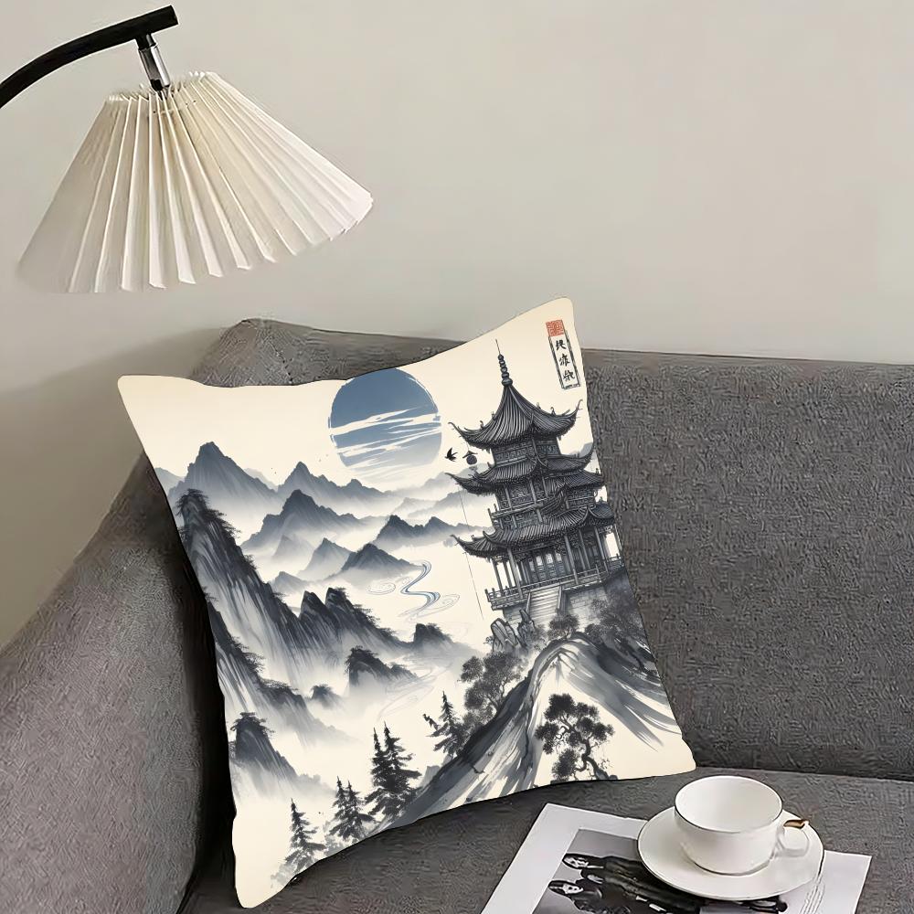 Chinese Ink Painting Style Cushion Cover Reversible Plush Pillow Cover – For Car, Sofa, Bedroom, Perfect As a Gift.