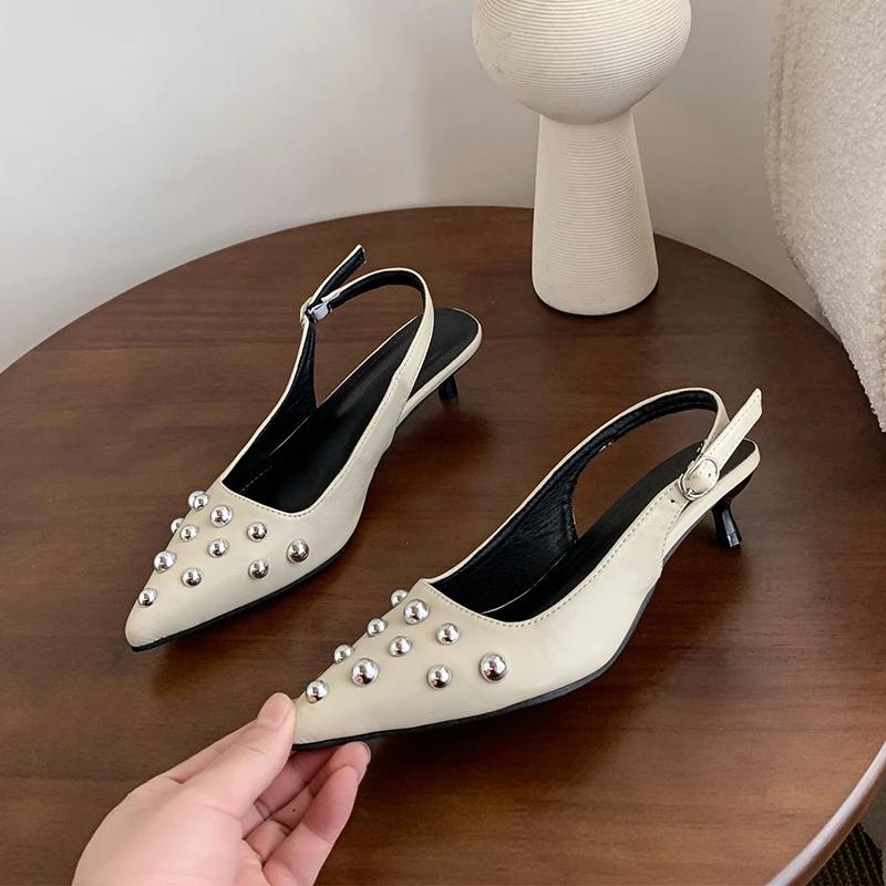 Nové letní dámské sandály Kovové nýty Vysoké podpatky Obuv Elegantní Slingback Špičaté Nazouvací Párty Dámské Lodičky Boty