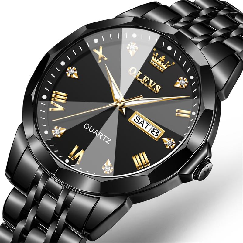 OLEVS Watch for Men Luxury Brand Black Steel Strap 3ATM Waterproof Date Luminous Quartz Men's Watches Reloj Hombre
