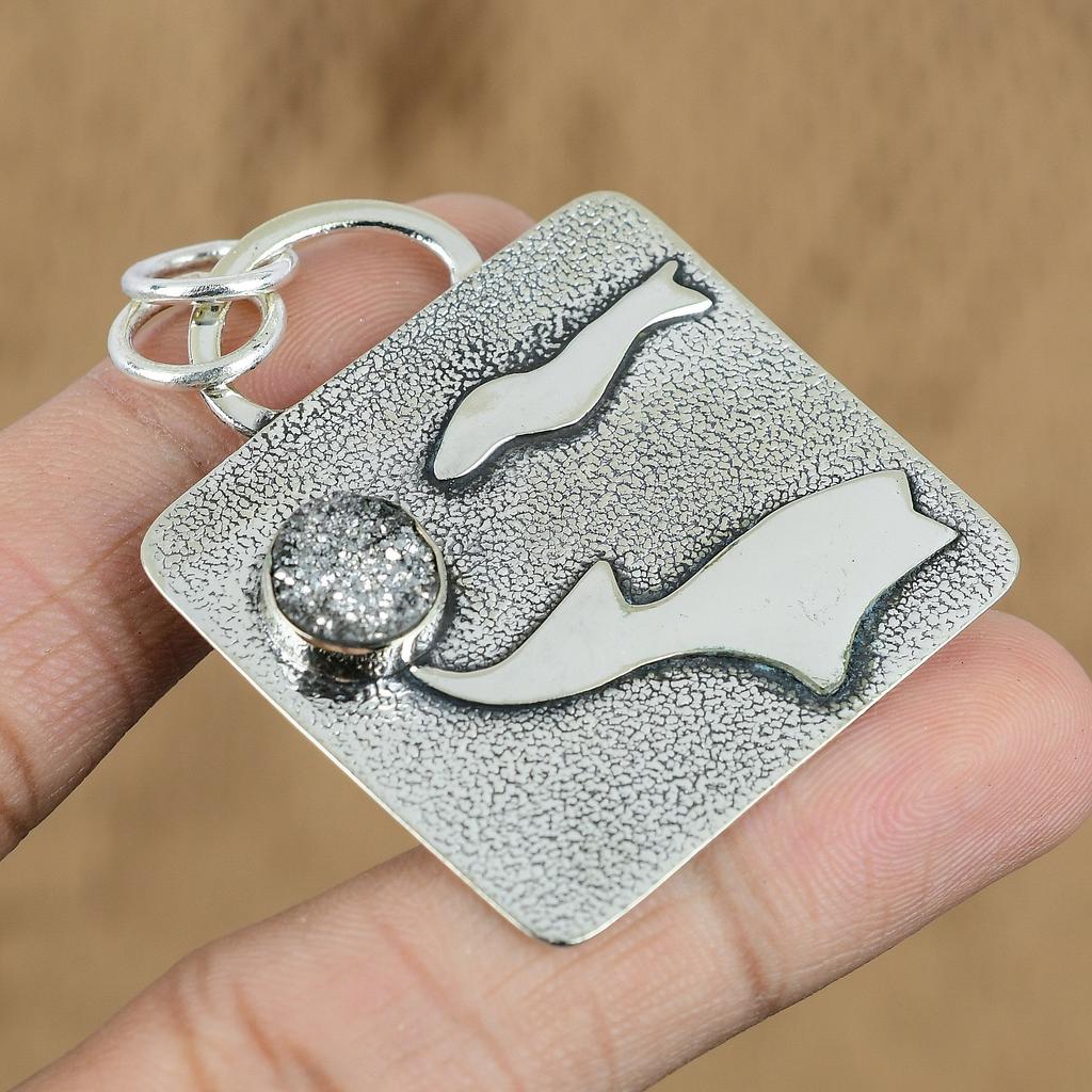 Natural Silver Druzy Gemstone Pendant Gray 925 Sterling Silver Indian Jewelry