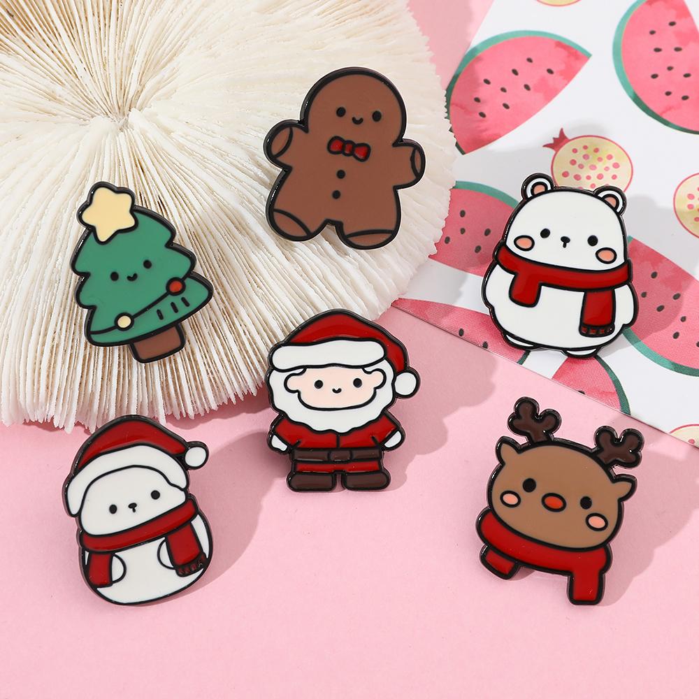 6 Pcs Christmas Series Brooch Cute Santa Claus Elk Christmas Tree Enamel Pin Metal Badge Backpack Clothing Jewelry Holiday Gift