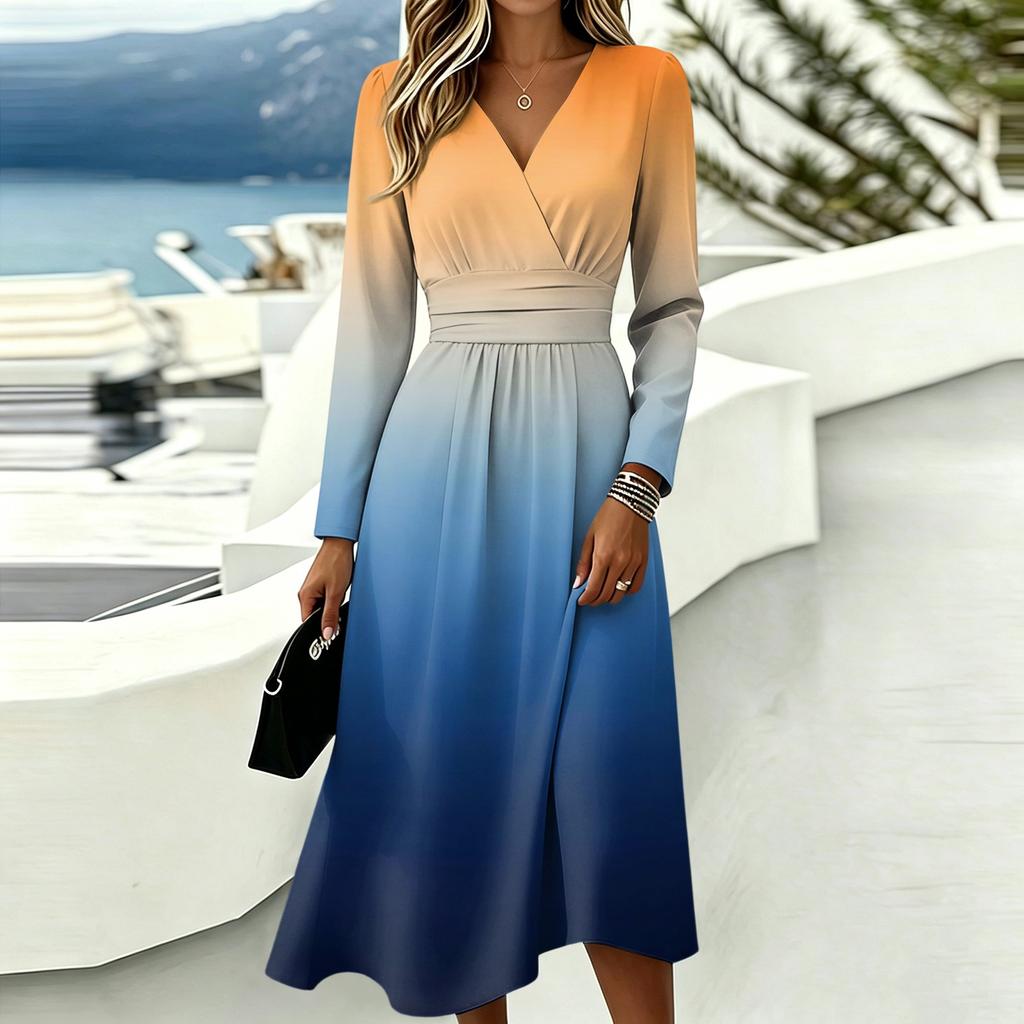 Women's Gradient Print Long Sleeve V-Neck Dress with Pockets Casual Fashionable