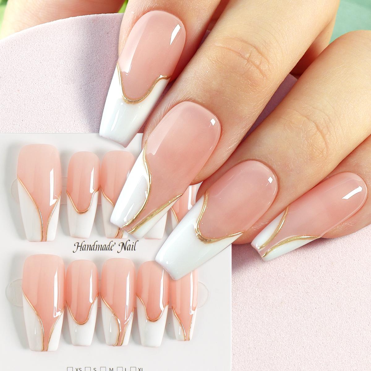 

10pcs Handmade Long Duckbill Shape Press-On Nails Glossy White Golden Design Full Coverage Press on Acrylic Nails Tips Nude