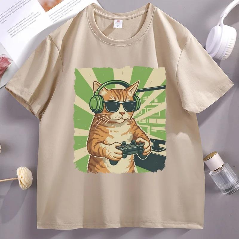 Gamer Cat TShirt Video Game Cat TShirt Funny Graphic Tee Cat Dad Short Sleeve TShirt Casual Short Sleeve Crew Neck Top