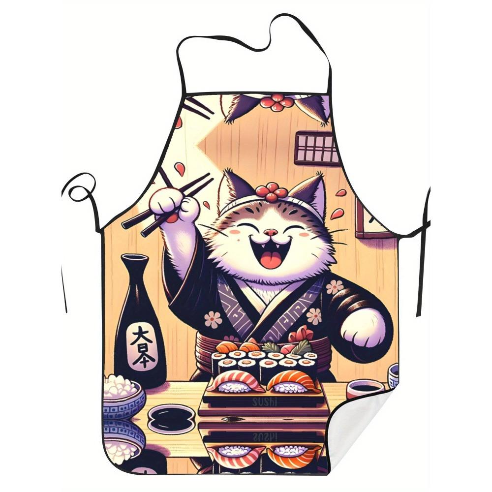 1pc Japanese Sushi Chef Apron - Cute Japanese Kitchen Apron with Sushi & Cat Design, Adjustable Neck Strap, Machine Washable