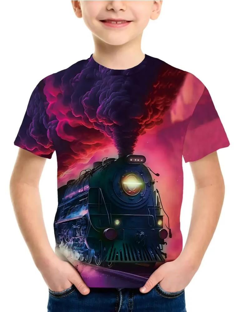 T-shirt per Ragazzi Estate Divertimento Abbigliamento Bambini T-shirt Grafiche Treno a Vapore Stampa 3D Maniche Corte Estive Vestiti per Bambino Ragazzo