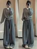 Women's Deep Gray Korean Style High Waist Plus Velvet Woolen Wide Leg Sweatpants for Autumn/Winter