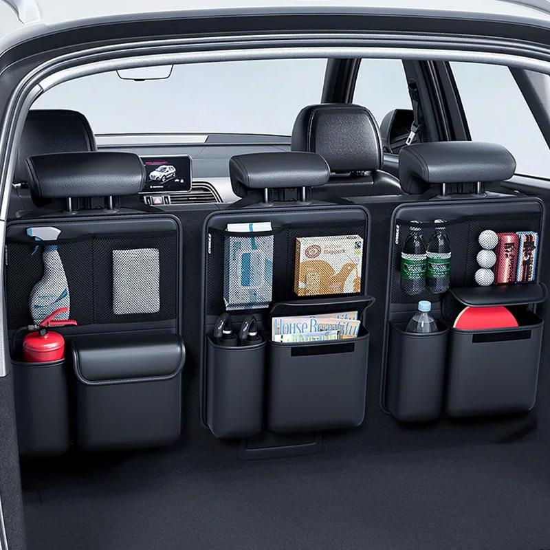 Premium Leather Car Seat Back Storage Bag, Adjustable Strap Multi-Pocket Organizer for Auto Interior