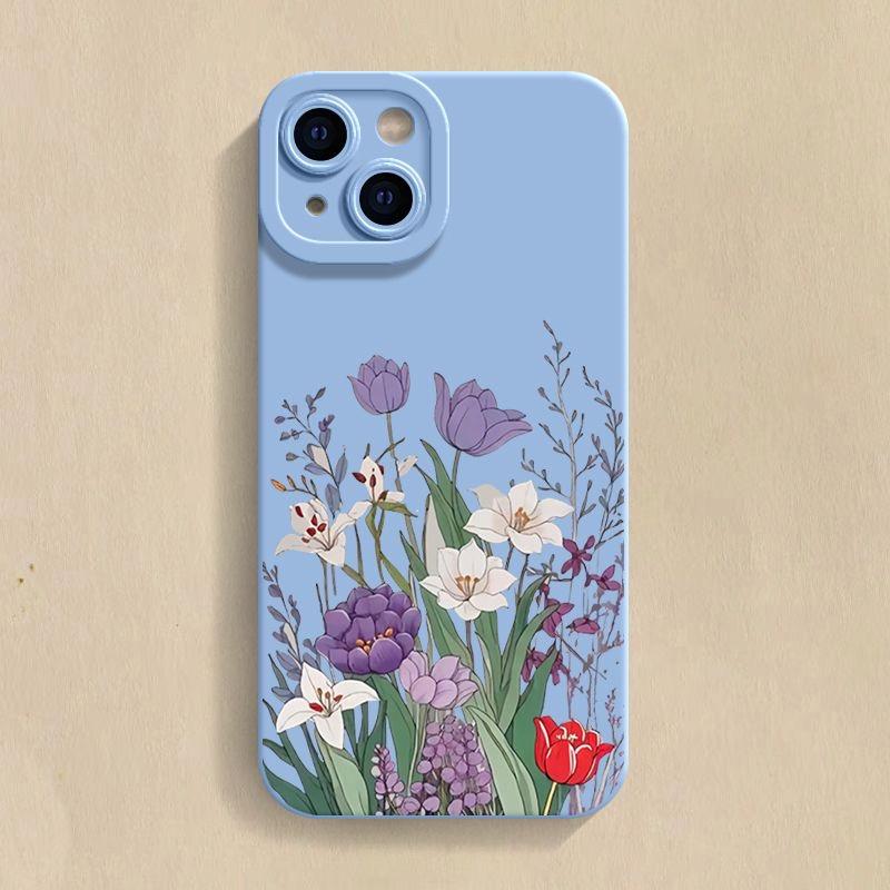 Purple Floral Pattern Phone Case For iPhone 16 16E 15 14 13 12 11 Pro Max XR X XS 12 Mini 16E 7 8 Plus Silicone Cover