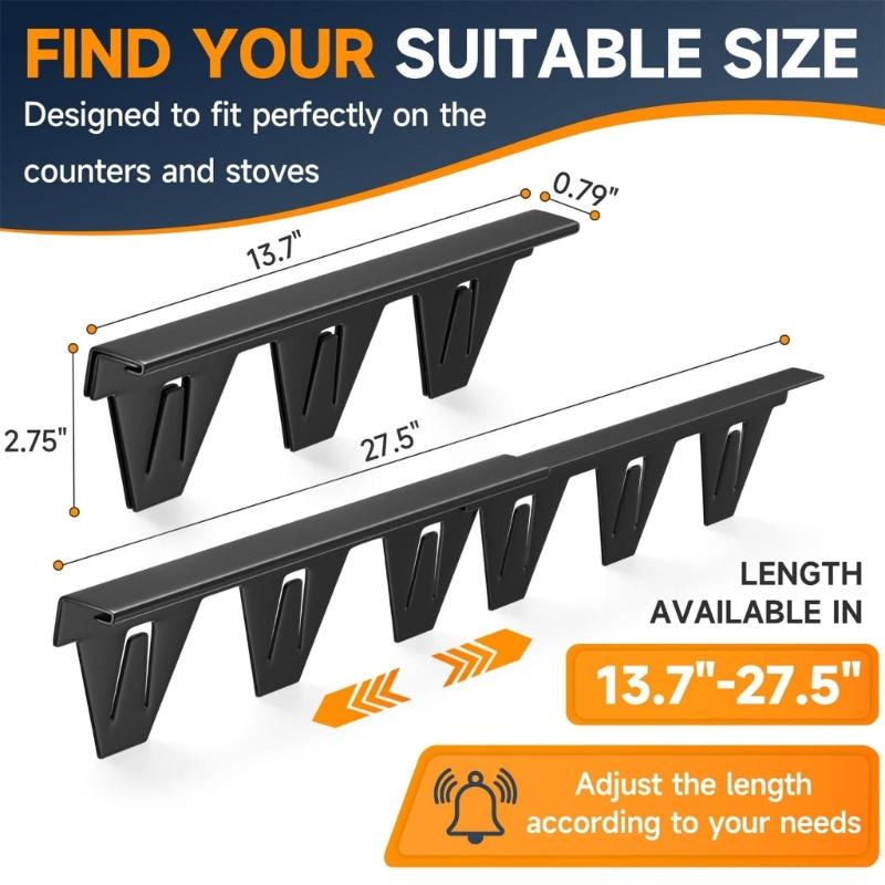 Kitchen Stove Crevice Covers in Stainless Steel with Spaced Support Tabs to Help Block Crumbs and Spills without Adhesive