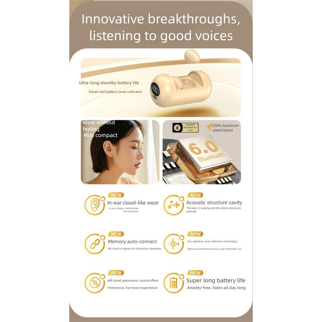 New Mini Sleep Bluetooth Translation Earphone Comfortable Wear Power Display in Ear Style Bluetooth Headphone Translator Earbuds