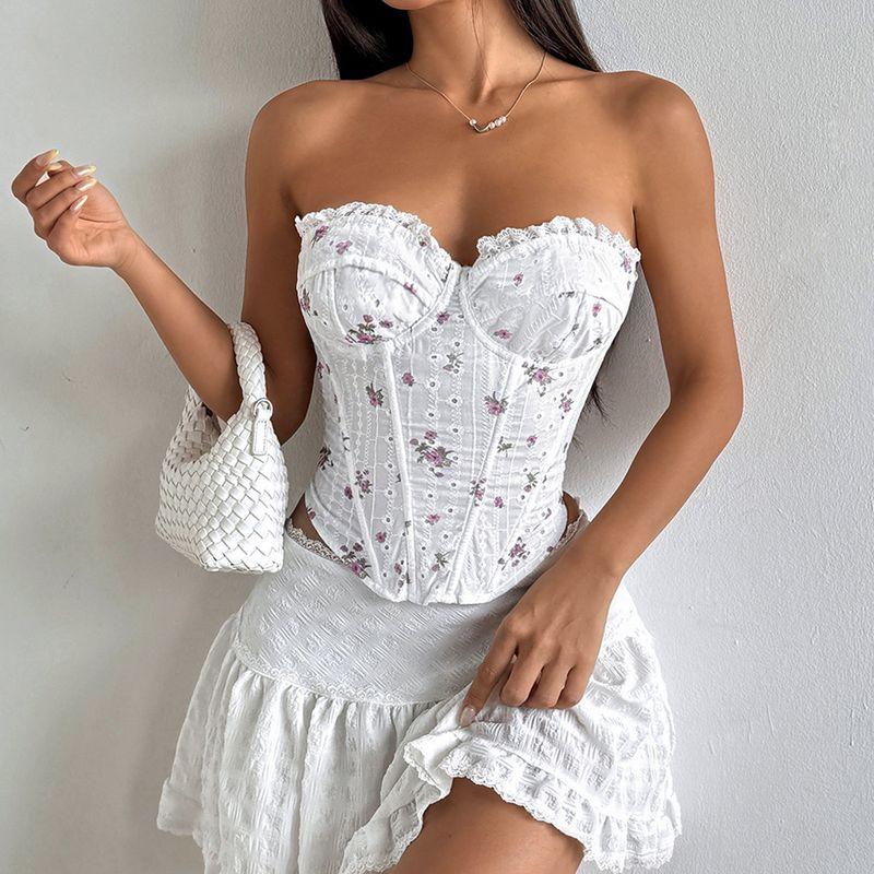 Sweet Floral Lace Steel Ring Fishbone Hollow Lace French style Pastoral Style Tube Top Vest Top