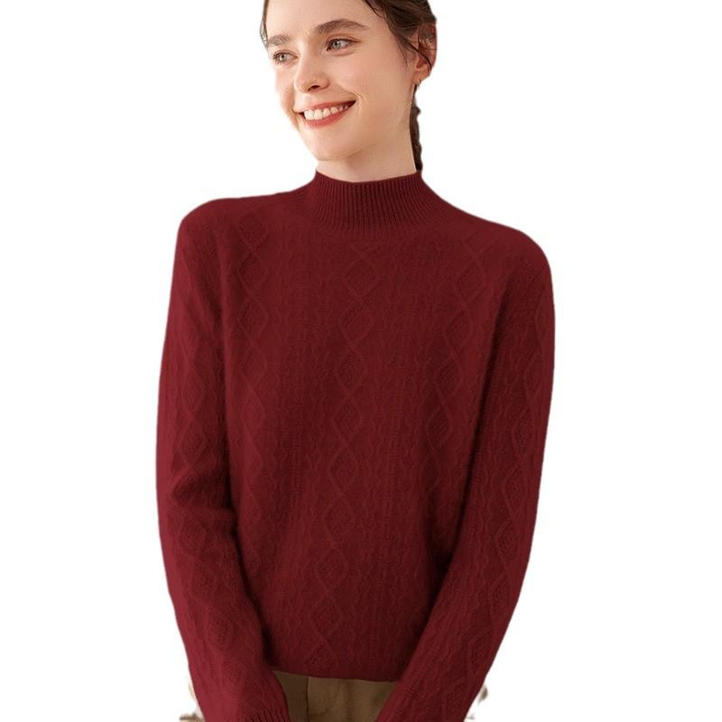 Retro Cable Knit Women's Cashmere High-Neck Pullover Sweater with Slimming Twist Pattern