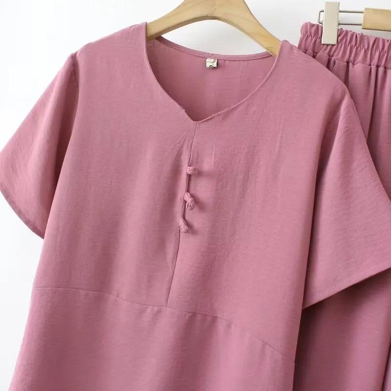 Sommeranzug für Mütter, locker, bequem und cool, Anzug mit V-Ausschnitt, zweiteiliges T-Shirt und elastische Hose