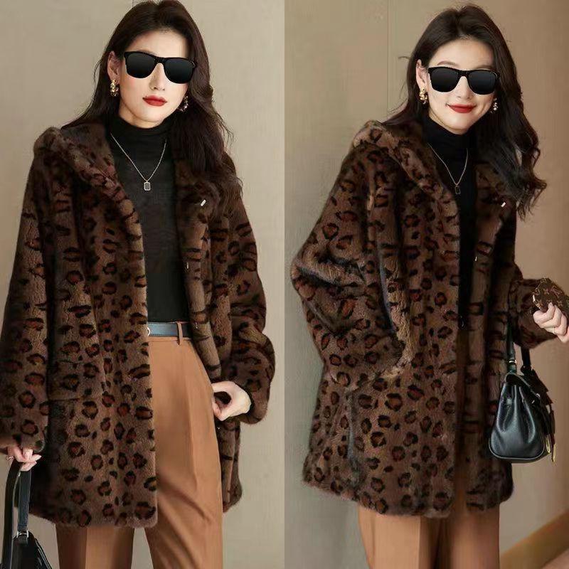 

Темпераментная светская львица мех Маллард леопардовый принт куртка с капюшоном из искусственного норкового бархата средней длины новое пальто мех 3XL-145-80 kg цветной печати леопарда