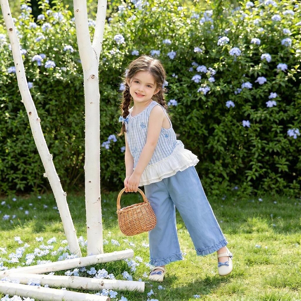 Summer Girls Plaid Vest And Wide Leg Pants Set With Bowknot Embroidery And Lace Trim Two Piece Outfit For Kids