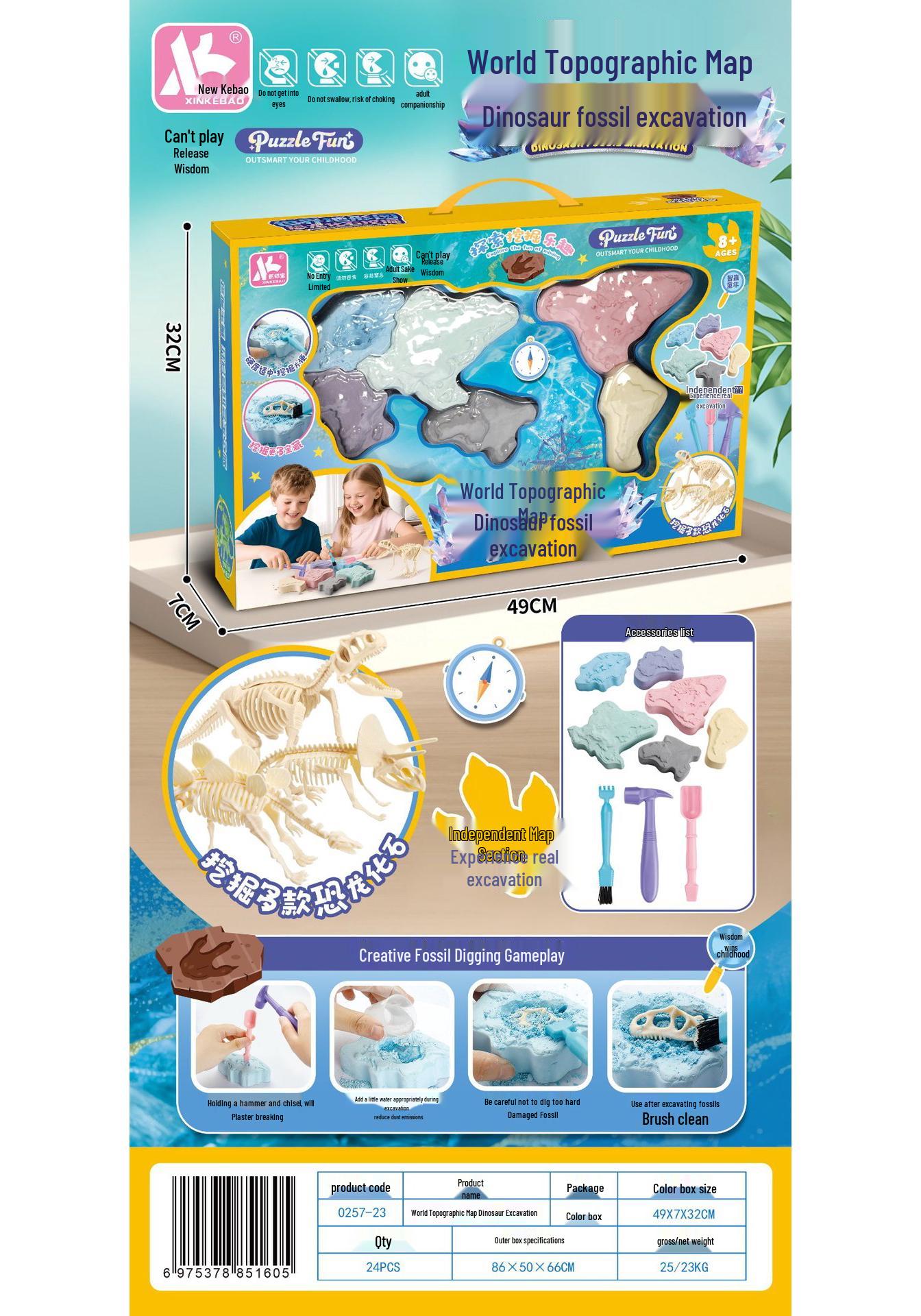 Kids Dinosaur Fossil Dig Kit – World Map Archaeology Toy Set for Boys