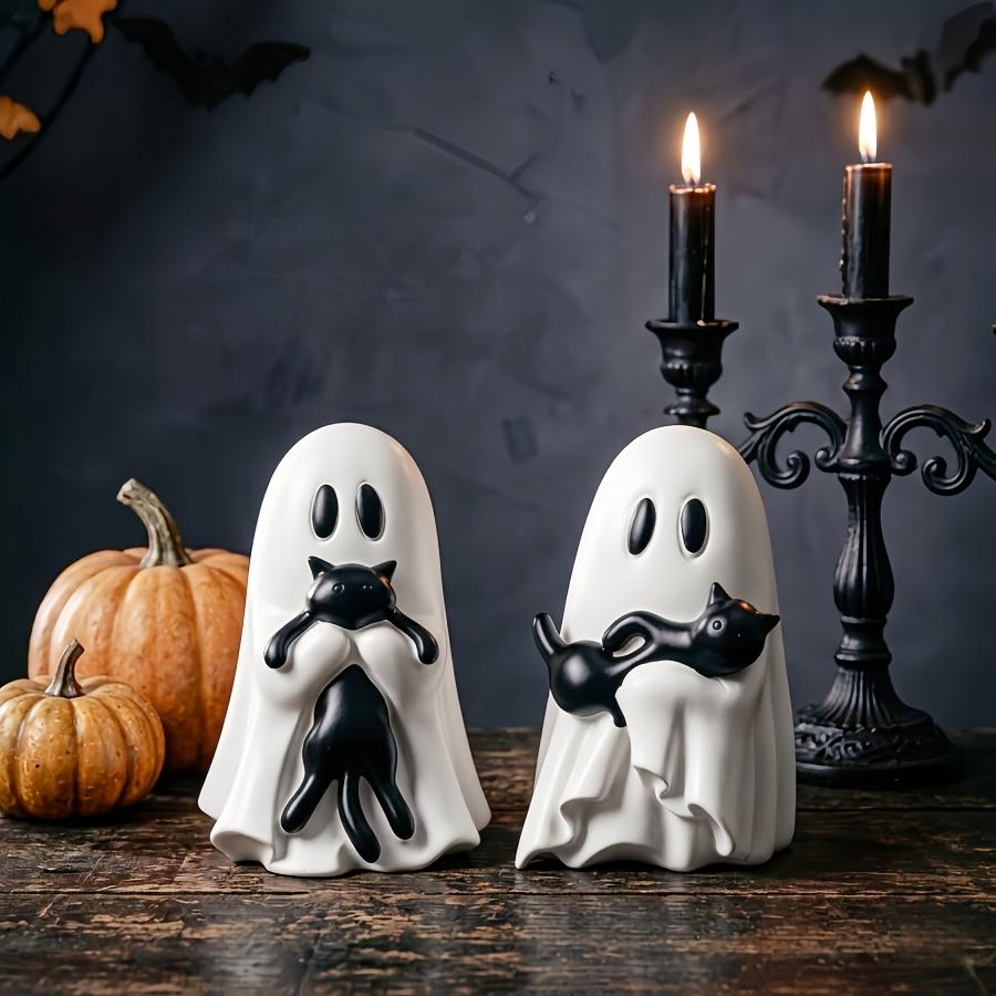 Cute, Spooky Halloween Ghost-Shaped Black Cat Plush Toy Measuring 1.1 Inches (Mini Size), Made of Resin Material,Desk Decoration
