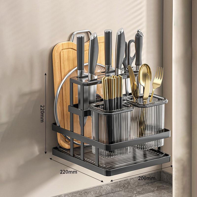 Kitchen Knife Rack Wall Mounted Cutlery Organizer Stainless Steel Pot Cover Knife Holder Chopping Board Drain Organizer Shelf