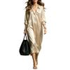 Women Satin Long Sleeve Shirt Dress V Neck Loose Fit Midi Dress with Pockets Casual Elegant Silky Fabric