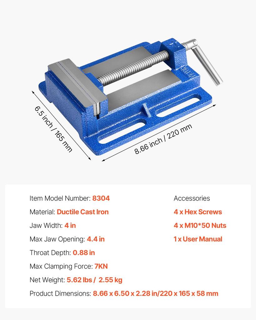 VEVOR Drill Press Vise, 4 Inch Jaw Width, Portable Bench Vise, Slotted Base for Easy Installation, Durable Cast Iron Construction, Workbench Vice