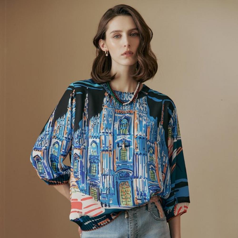 

Maxza Castle Illustration Pleats Neck 3 4 Sleeve Blouse Ze06qb600nh minted/FREE