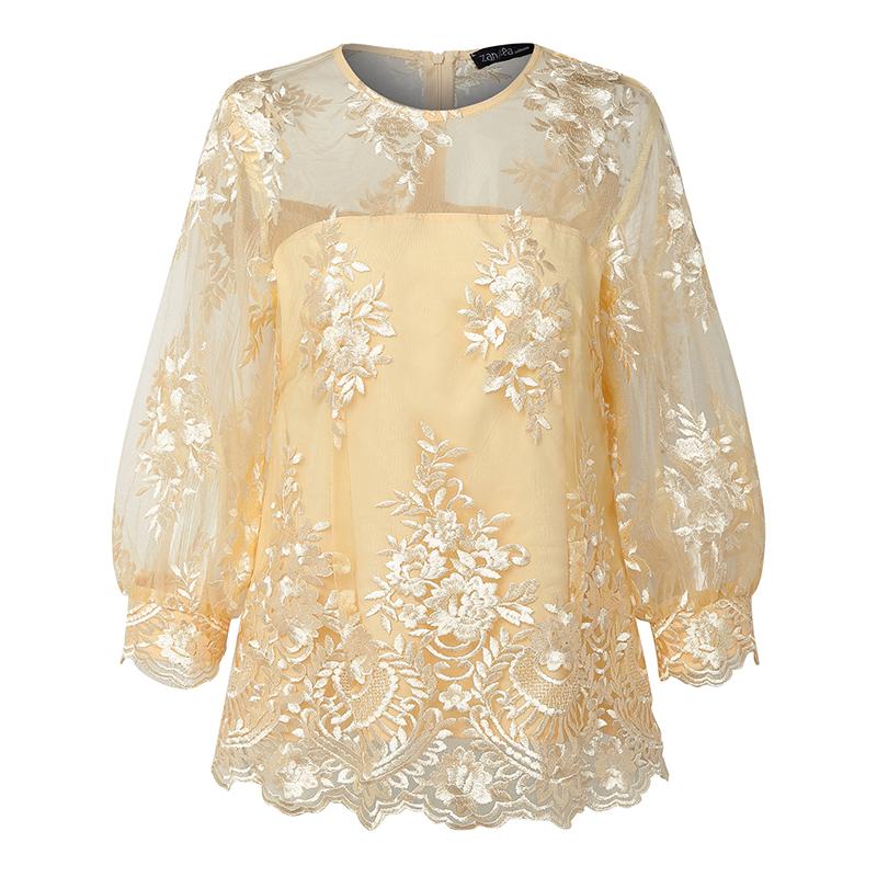 ZANZEA Dámská elegantní letní ležérní halenka s 3/4 rukávem a krajkovou vsadkou