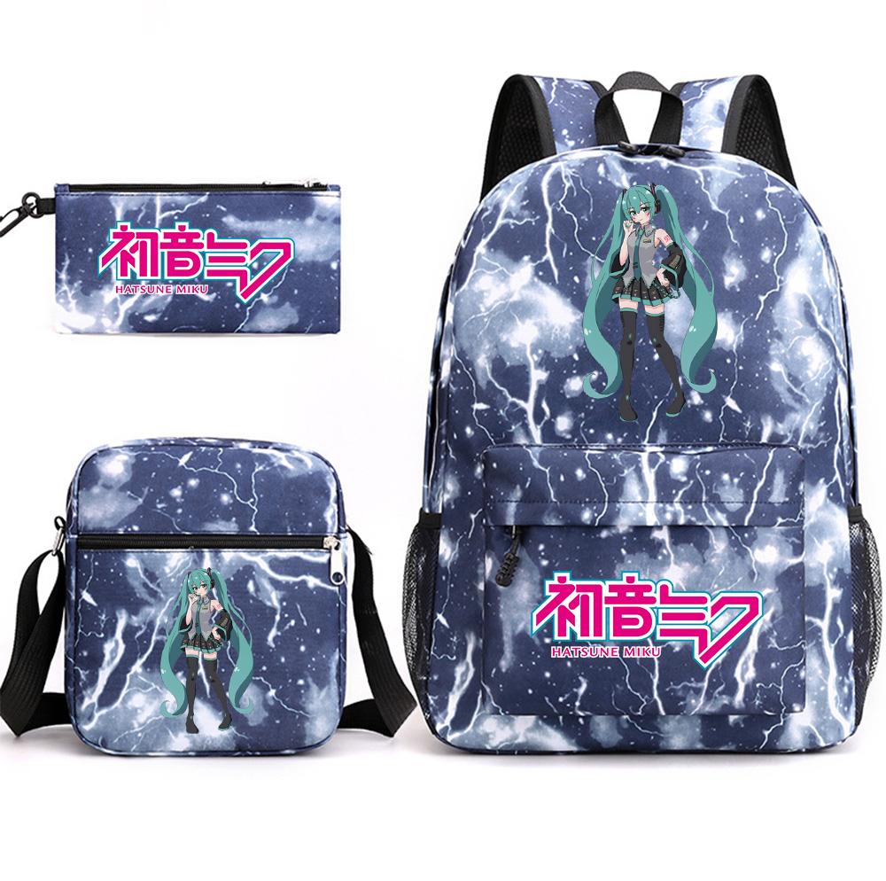 3Pcs/set Anime Cartoon Hatsune Miku Printed Backpack with Shoulder Bag Pencil Case for Teenager Student Boy Girl Large Capacity Waterproof Schoolbag
