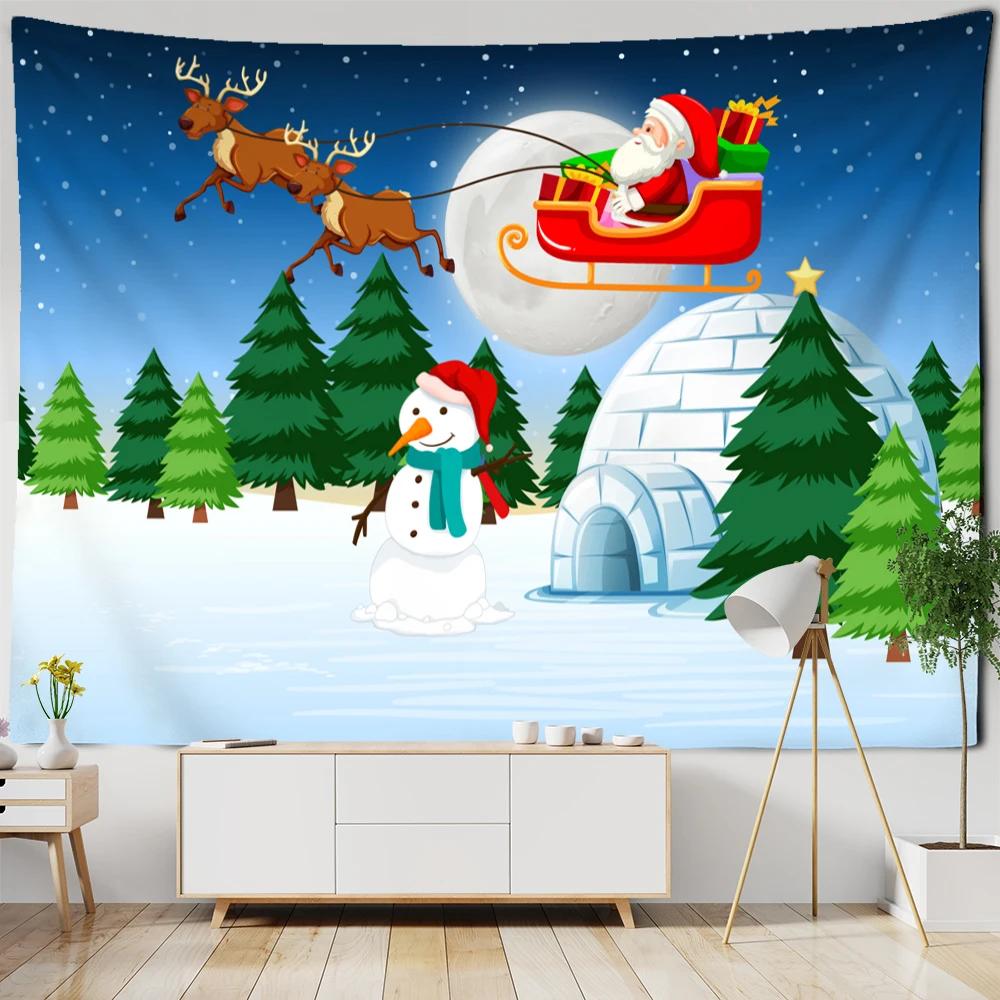 Santa Claus And Sleigh Tapestry Wall Hanging Cartoon Illustration Witchcraft Christmas Day Girl Dormitory Home Decor