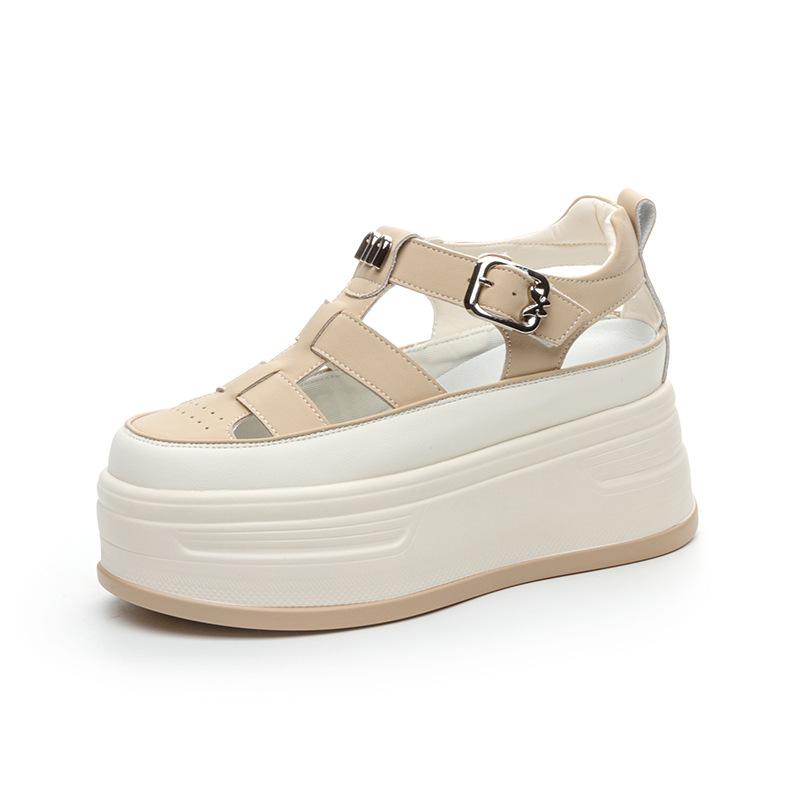 

Летняя обувь 2025 Женские сандалии на платформе Корейская версия Натуральная кожа Сандалии на высоком каблуке Женские туфли для увеличения роста 7 см 40 абрикосовый