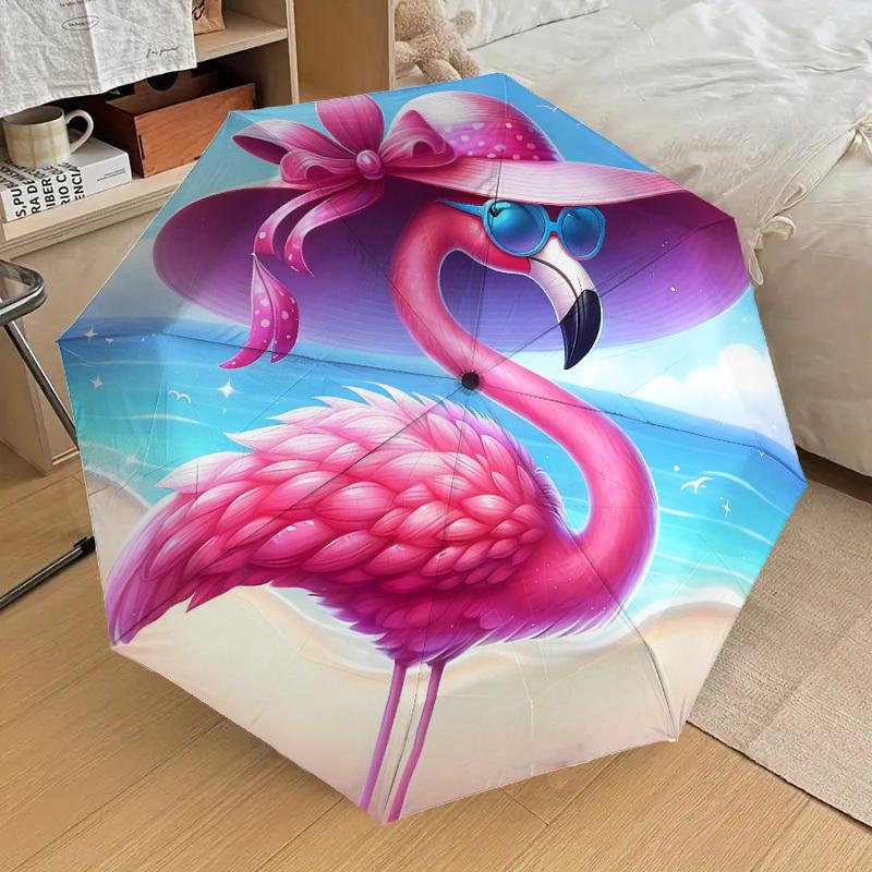 

1pc Automatic Open/Close Flamingo Beach Umbrella with Pink Flamingo & Hat Design - Self-Opening/ Closing, 8-Rib Lightweight Po Iron&8K