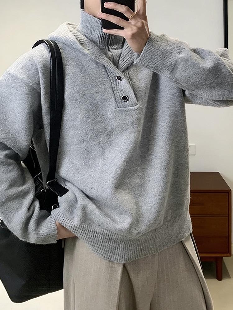 Men's American Style High Neck Two-Piece Button-Up Knit Hoodie: Korean-Inspired Warm Autumn/Winter Sweater for Couples