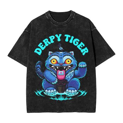 KPop Demon Hunters Huntrix Blue Tiger Derpy Washed T Shirt Vintage Harajuku Men Women Loose T-Shirts Tee Cotton
