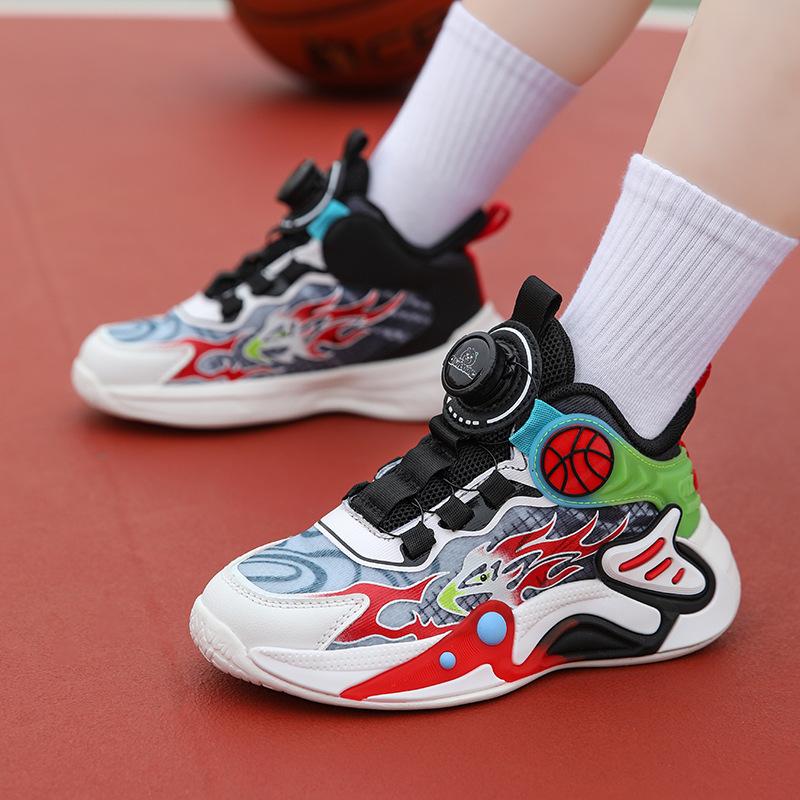 Children's sports shoes training shoes rotating summer basketball shoes mesh boys new breathable button shoes middle and old children
