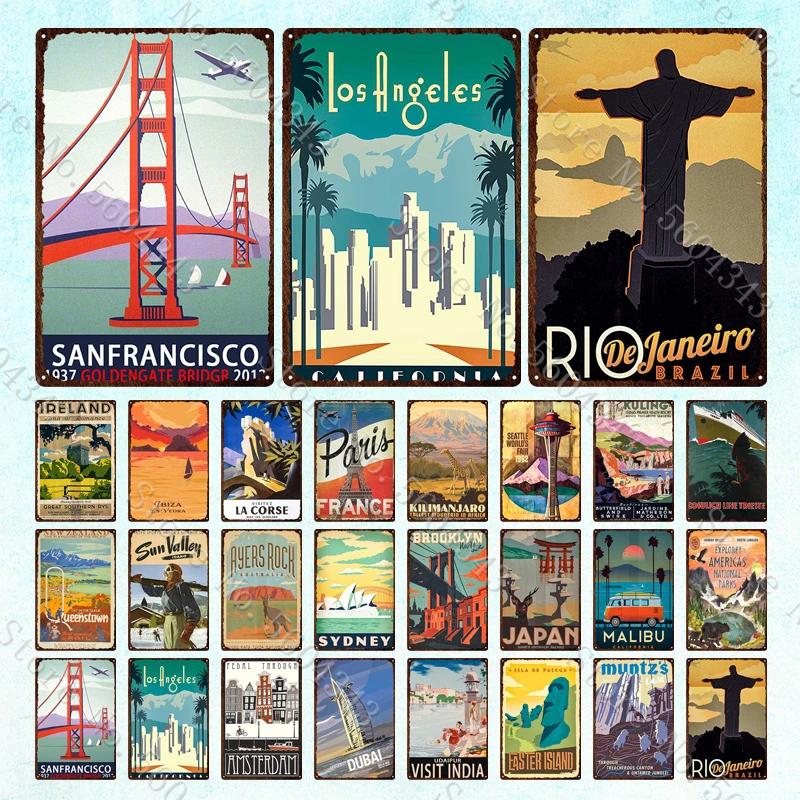City Landscape Vintage Metal Sign Paris San Francisco Los Angeles Dubai Travel Scenery Tin Plates Home Decoration Metal Poster
