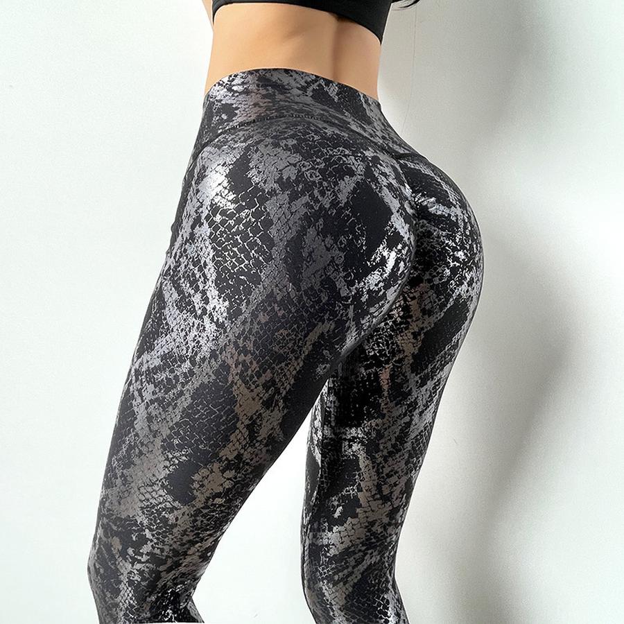 Leggings a Vita Alta Compressione con Stampa Serpente Metallizzata e Modellatura Glutei Pesca per Yoga, Fitness e Allenamento