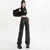 Women's High Waist Black PU Leather Pants - Autumn Korean Style, Slimming, Wrinkled Design, Casual Long Fit.