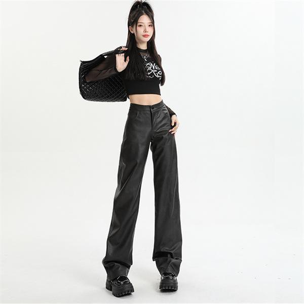 Women's High Waist Black PU Leather Pants - Autumn Korean Style, Slimming, Wrinkled Design, Casual Long Fit.